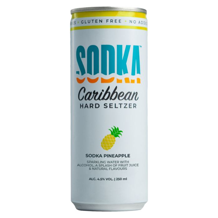 Sodka Pineapple Hard Seltzer 25cl – tray met 12 blikjes bruisend water met ananas en alcohol uit Curaçao